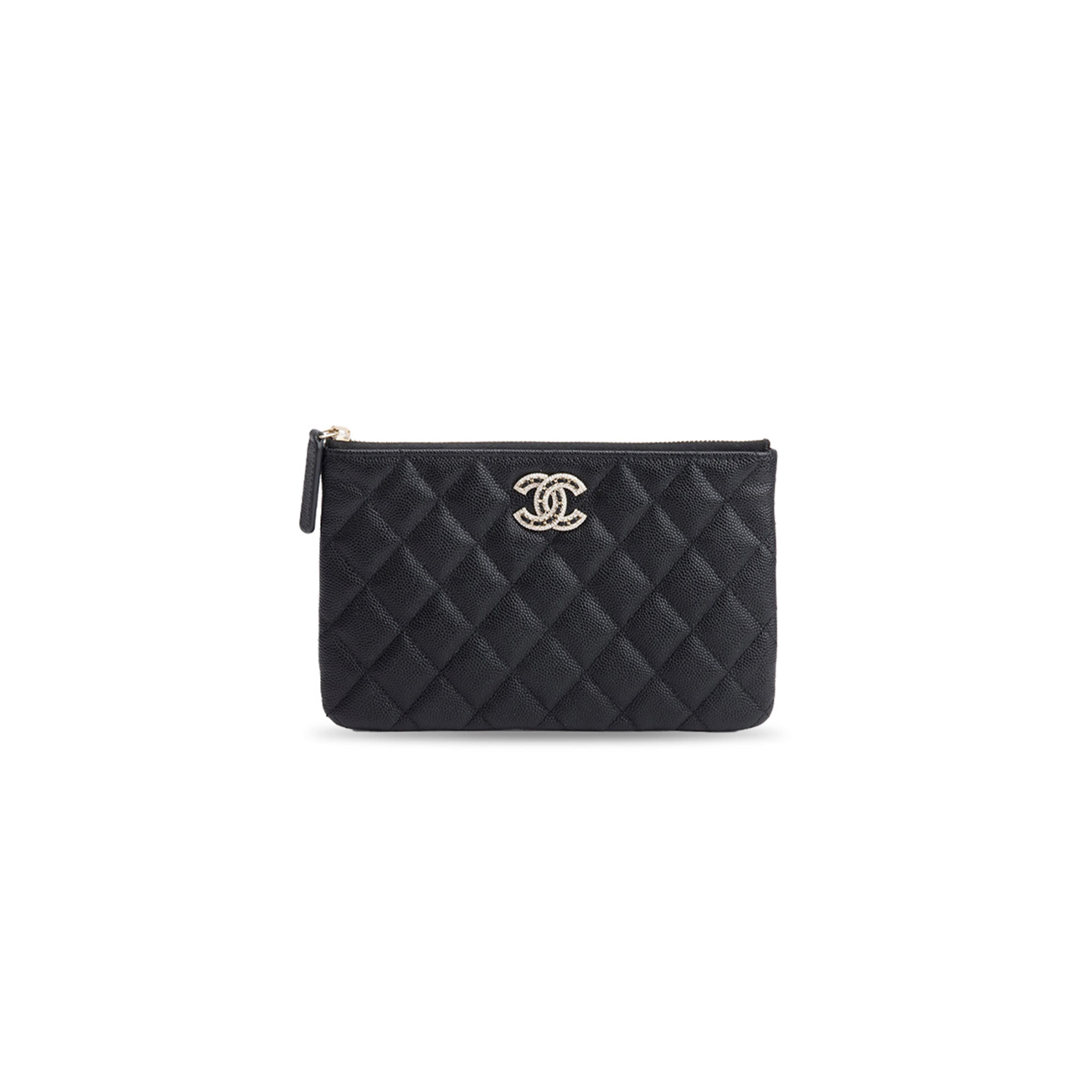 CHANEL BLACK QUILTED CAVIAR LEATHER SMALL CC STRASS O-CASE CLUTCH (20*12cm)